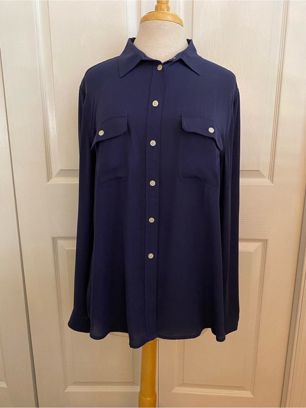 LOFT Navy Button-Front Long-Sleeve Blouse with Chest Pockets